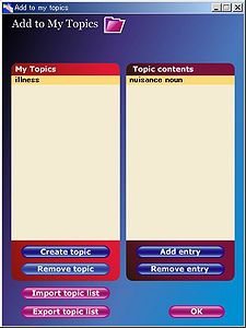 Oxford Learner's Thesaurus[2008:first]: My Topics entry window